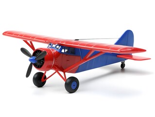 Red and blue toy airplane isolated on a white background.