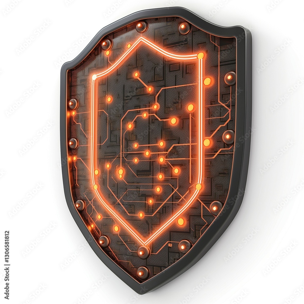 Poster a futuristic shield emblem with glowing circuit patterns, symbolizing digital security and protectio