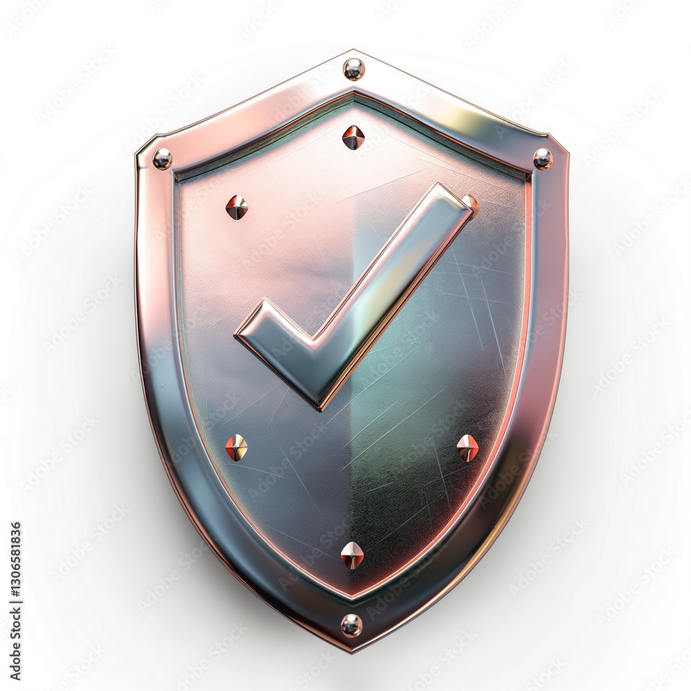 Poster a shiny metallic shield featuring a checkmark symbol, representing security and protection.