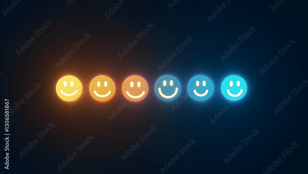 Poster visual representation of customer satisfaction metrics: a glowing bar of smiley faces indicating var