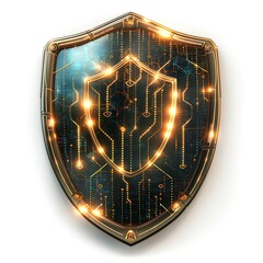 Fototapeta premium A futuristic shield design featuring a circuit board pattern and glowing golden accents, symbolizing security and protection.