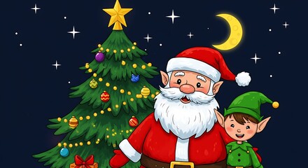 Pixel Art Santa and Elf by Decorated Christmas Tree at Night