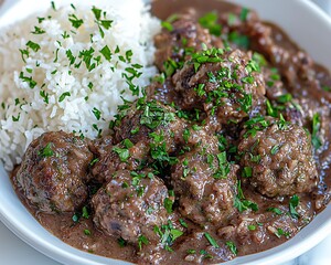 Meatballs in gravy with rice, garnished with parsley