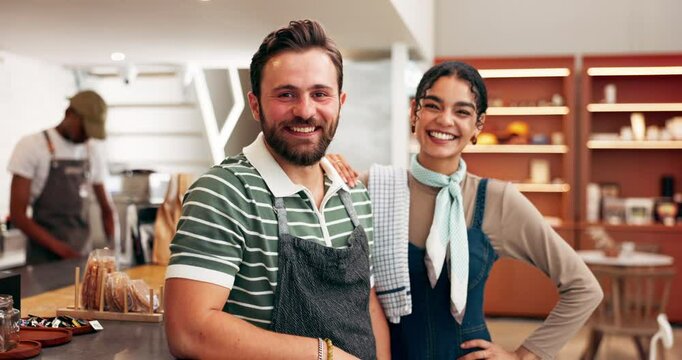 Waiter, face and happy with teamwork in cafe for customer service, friendly hospitality and small business. Server, people and laughing in coffee shop for funny joke, bakery support and entrepreneur