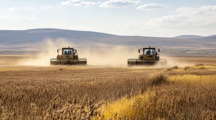Fototapeta premium Combine harvesters harvesting wheat field, rural landscape, sunny day
