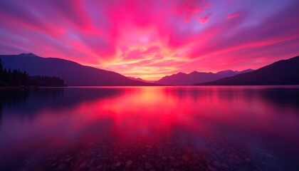 Fototapeta premium Vivid lake sunset with vibrant pink sky and mountain backdrop. Serene reflection on the water's surface captures the beauty of nature.