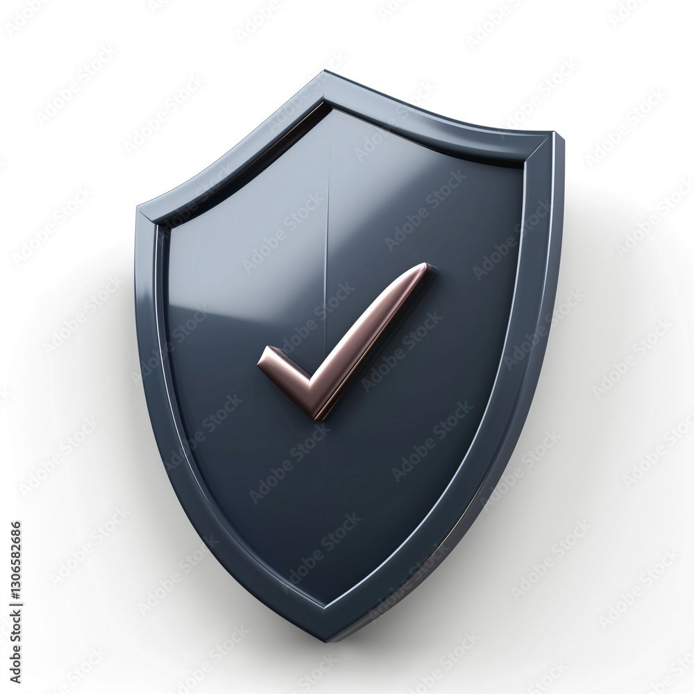 Poster a sleek, dark shield emblem with a prominent checkmark in a contrasting color, symbolizing security 
