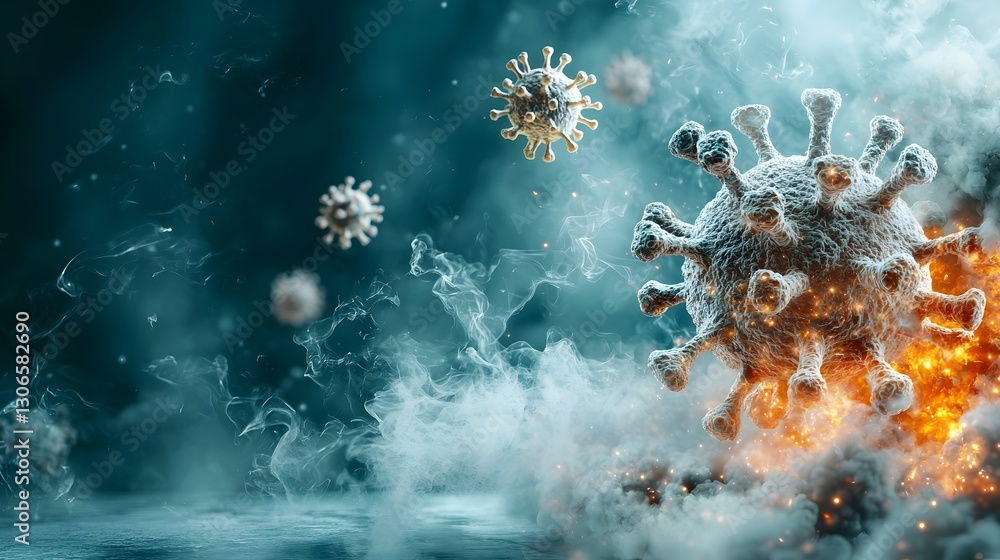 Poster an and moody photograph depicting the invisible spread of a mysterious virus represented by floating