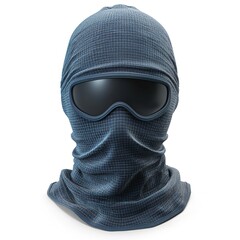 A mysterious masked figure dressed in a blue patterned balaclava and sleek black goggles. - obrazy, fototapety, plakaty