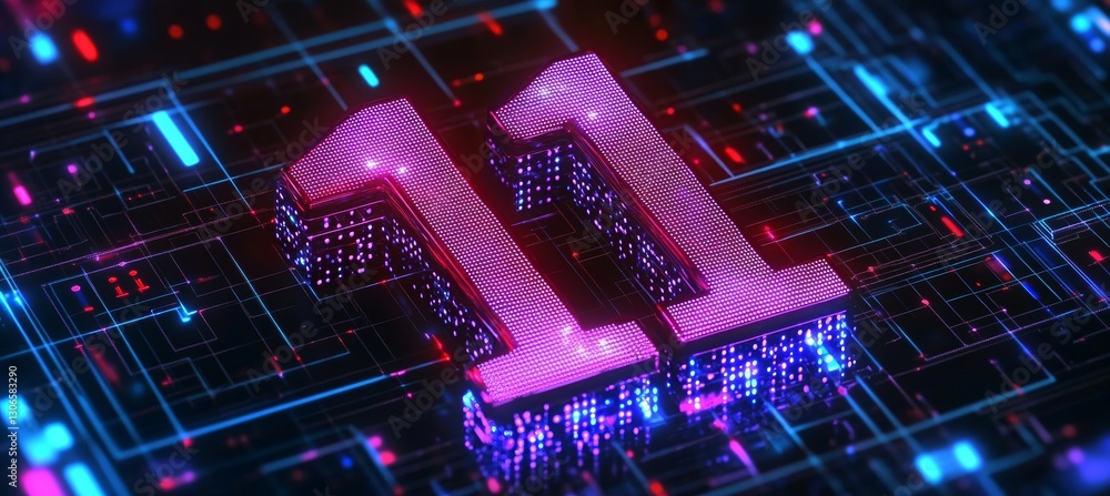 Poster glowing digital big 3d number 11 in futuristic style on a digital abstract circuit board background