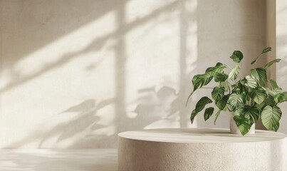 Potted Plant on Modern Pedestal with Sunlight Shadow Background Scene