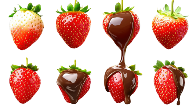 "A collection of plump strawberries with smooth chocolate syrup poured over them, isolated on transparent background, showcasing the indulgence."