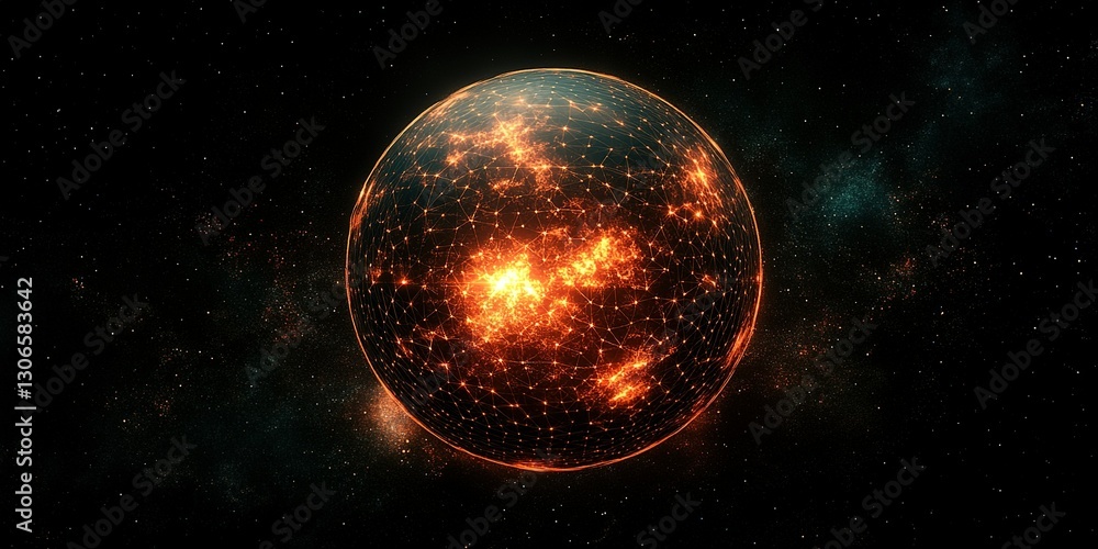Poster visual representation of a glowing planet surrounded by a cosmic network in deep space at night