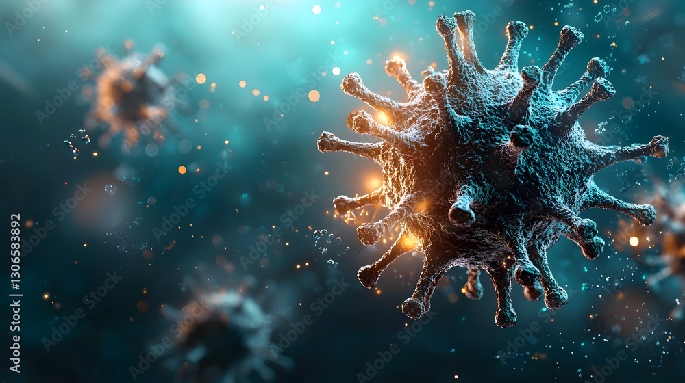 Poster highly detailed close up photograph of an unknown virus specimen under a high powered microscope fea