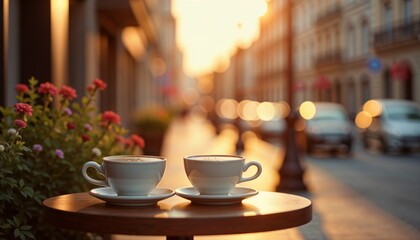Romantic coffee date with two cups on a table, set against a warm street atmosphere at sunset