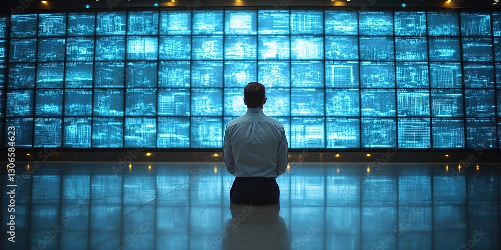 Poster man sitting in front of large digital display showcasing data in a futuristic setting at night