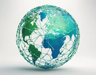 Stylized digital globe logo, featuring interconnected lines and dots to symbolize global connectivity and advanced technology, in cybernetic blue and digital green colors, white background
