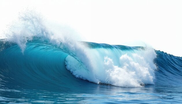 Isolated blue sea wave with white foam. Transparent and white background. Marine wildlife aquatic element. Dynamic energy power force crest breaking. Summer vacation tropical nature for design.