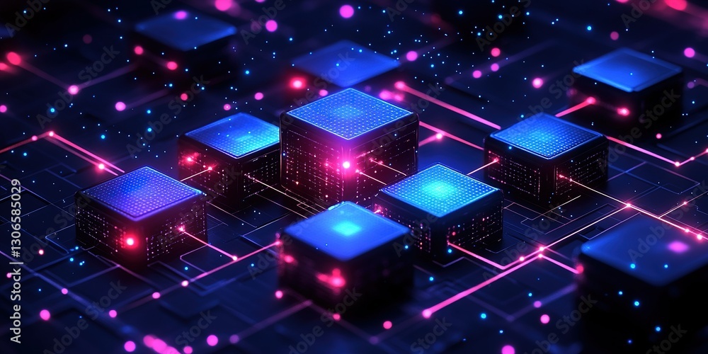 Poster futuristic digital network with glowing cubes and vibrant data connections pulsating in a dark envir