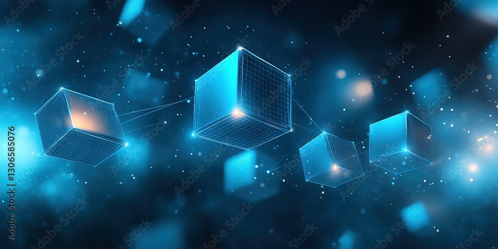 Poster blockchain technology visualized with glowing blue cubes and particles in digital space