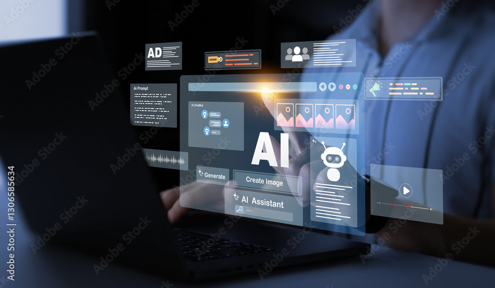 Poster interaction with the ai assistant to solve some tasks more easily. image generator, documents, marke