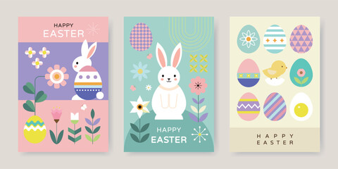 Happy Easter geometric background, Easter card, banner design with bunny, eggs, plants, flowers.