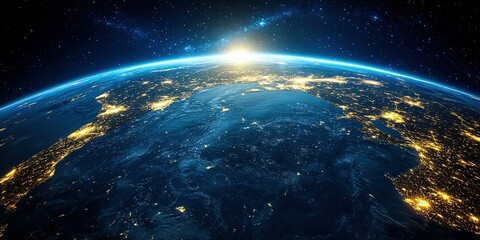 Fototapeta premium Earth illuminated by city lights at dawn as the sun rises over the horizon in a stunning view from space