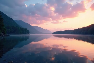 Fototapeta premium Calm lake waters reflected in the morning sky, dawn, serene