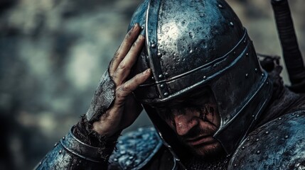 A weary warrior is wearing a helmet and armor after battle