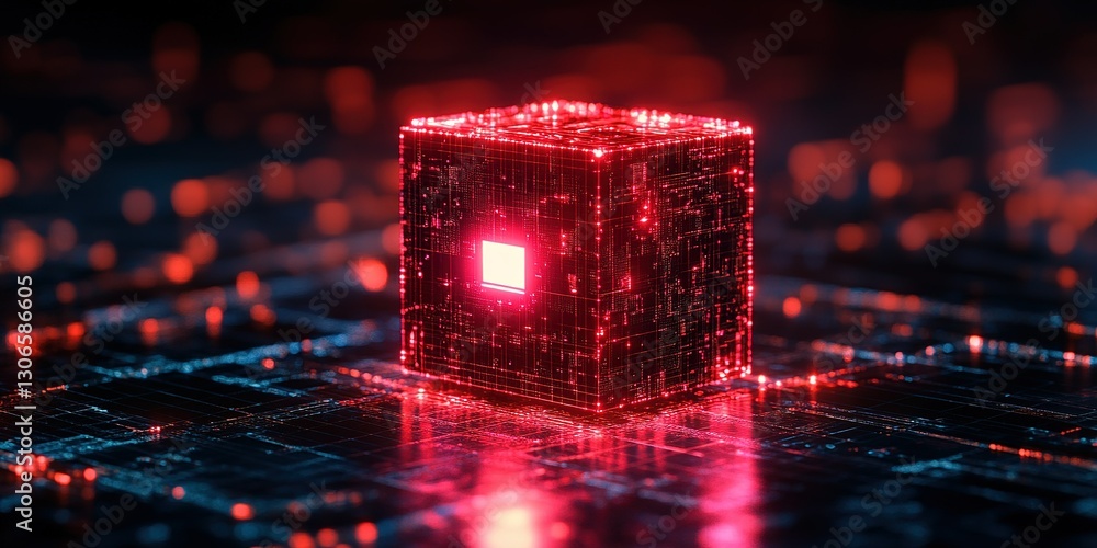 Poster digital cube glowing with vibrant red light in a futuristic tech setting during nighttime