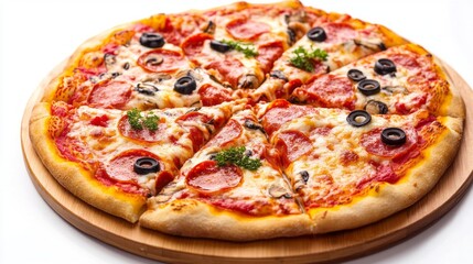Savor the enticing aroma of freshly baked pizza, showcasing vibrant toppings of pepperoni, olives, and mushrooms arranged neatly on a golden crust, ready to delight any palate
