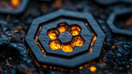 Hexagonal energy core embedded in volcanic rock