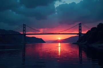 Fototapeta premium Dark silhouetted bridge spans wide river at dusk, water, darkness