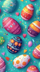 Colorful painted Easter eggs on teal background scene.