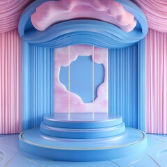 Room design in blue and pink with a central podium, 3D visual.