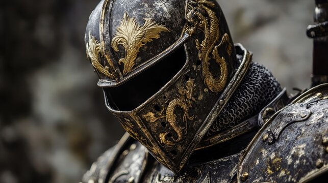 Close up image of an ornate medieval knights helmet