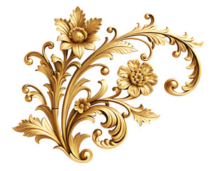 "Intricate Golden Decorative Element with Swirling Floral and Leaf Patterns on an Ornate Surface"