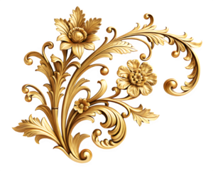 "Intricate Golden Decorative Element with Swirling Floral and Leaf Patterns on an Ornate Surface"
