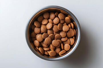Dog food in bowl on white background