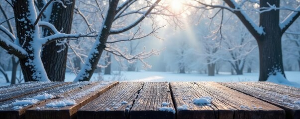 Dark wood table atop bare winter tree branches frozen in frost, wooden tables, winter scenery, winter wonderland