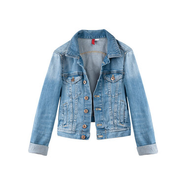 Jean denim blue jacket isolated on white, single object.