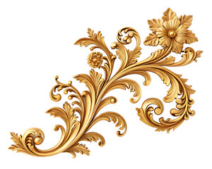 "Intricate Golden Decorative Element with Swirling Floral and Leaf Patterns on an Ornate Surface"