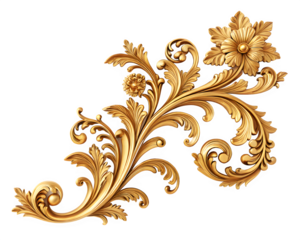 "Intricate Golden Decorative Element with Swirling Floral and Leaf Patterns on an Ornate Surface"