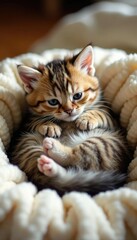 Fluffy kitten curled in a ball on a soft cushion, soft blanket, warm lighting