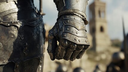 A detailed image of a medieval knight armored hand