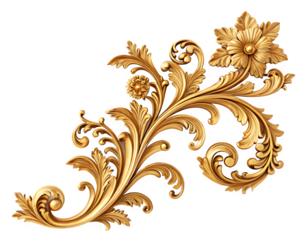 "Intricate Golden Decorative Element with Swirling Floral and Leaf Patterns on an Ornate Surface"