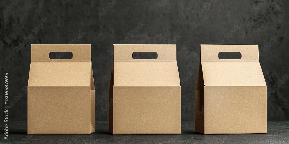 Poster cardboard boxes arranged neatly on a dark surface with a textured background in a minimalistic setti