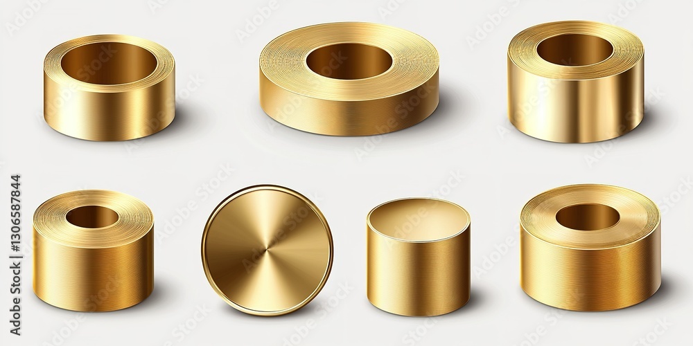 Poster collection of brass rolls and discs displayed on a neutral background in a studio setting, showcasin