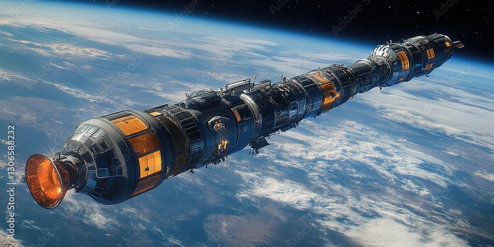 Poster impressive spacecraft floating in low earth orbit showcasing advanced design and technology of space