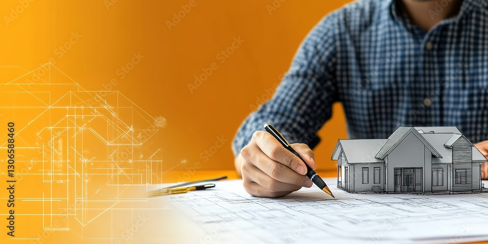 Poster architect sketches a house design on blueprints while creating a 3d model in a bright workspace